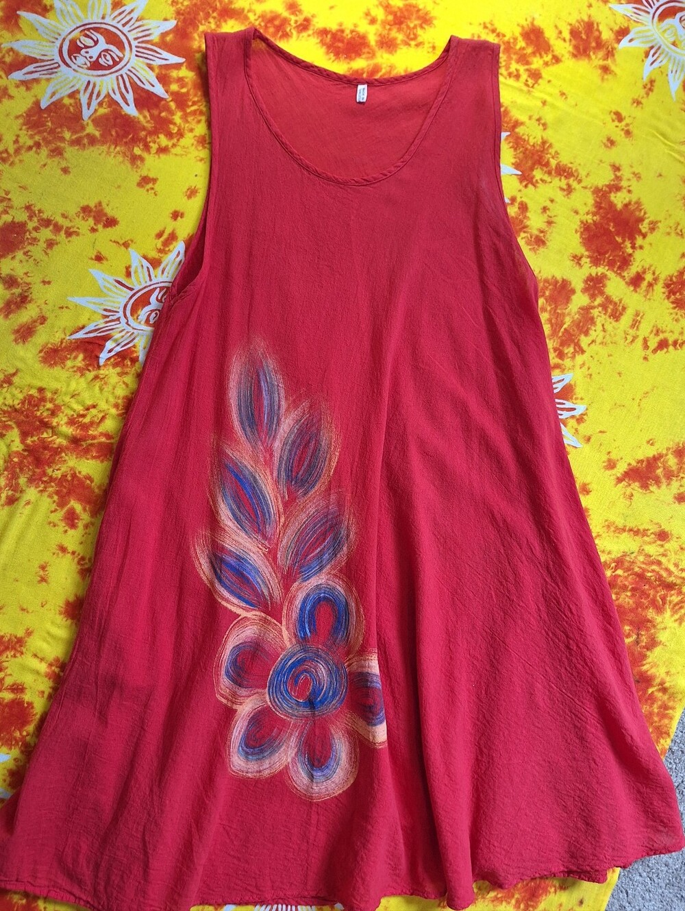 Sleeveless A-Line Tank Dress w/ Abstract Feather Detail & Pocket 100% Cotton Red